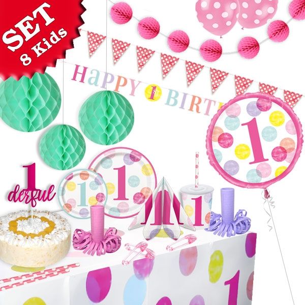 Mottoset XXL Pink Dots 1. Geburtstag Mädchen, 8 Kids, 76-tlg
