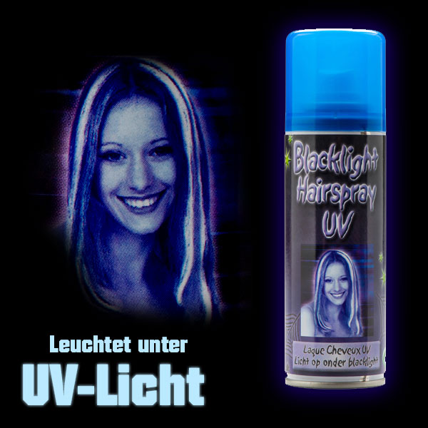 UV-Haarspray, leuchtet im Schwarzlicht