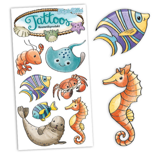 Temporäre Meerestiere-Tattoos für Kinder, 1 Tattoo-Karte mit 7 Motiven