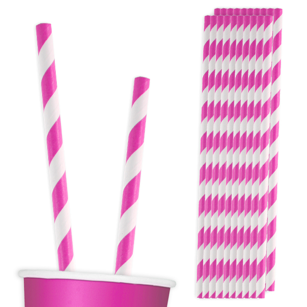 Trinkhalme pink-weiß, 20 Stück, mit Spiralmuster, Papier-Trinkröhrchen