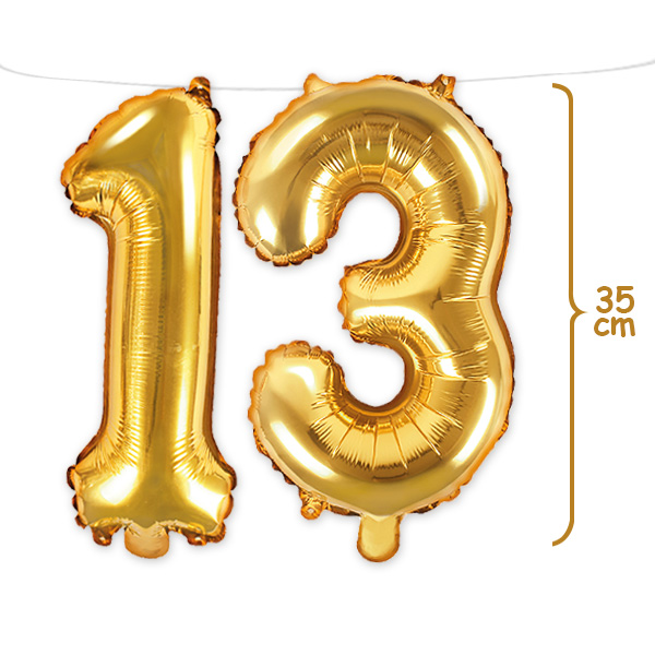13. Geburtstag, Zahlenballon Set 1 & 3 in gold, 35cm hoch