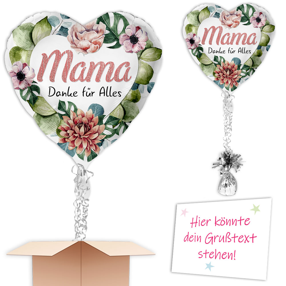 Herzballon "Mama Danke für Alles" zum Muttertag inkl. Ballongas, Bänder