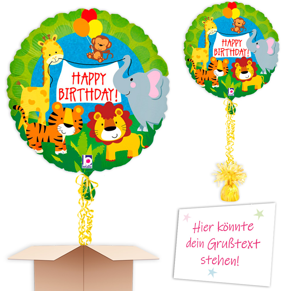 Dschungeltiere Heliumballon "Happy Birthday", Folienballon im Karton