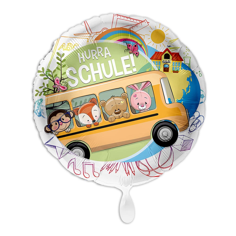 Ballongruß Einschulung "Hurra Schule" Schulbus-Motiv, Ø 35cm