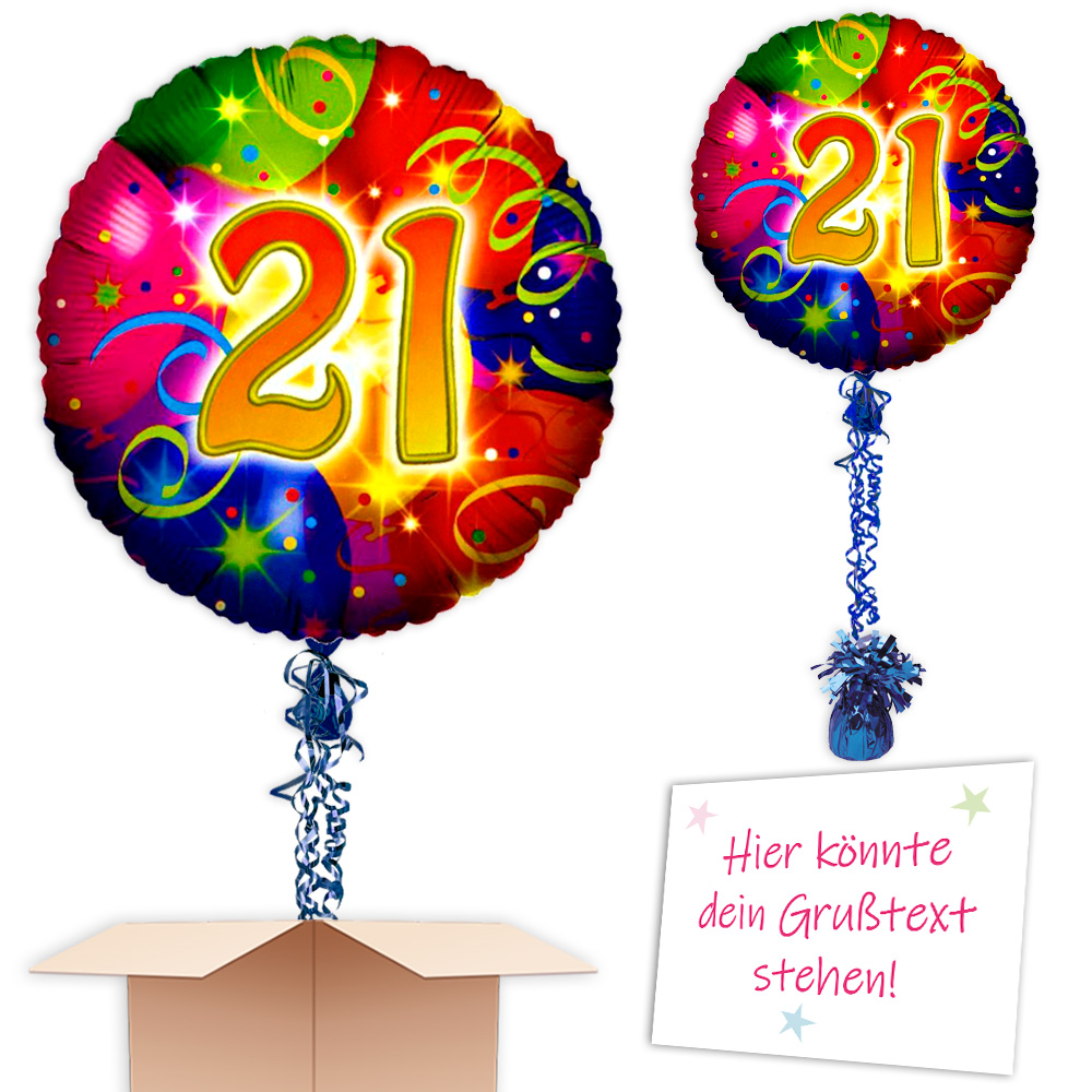 Bunter Ballongruß zum 21. Geburtstag, schwebenden Ballon versenden