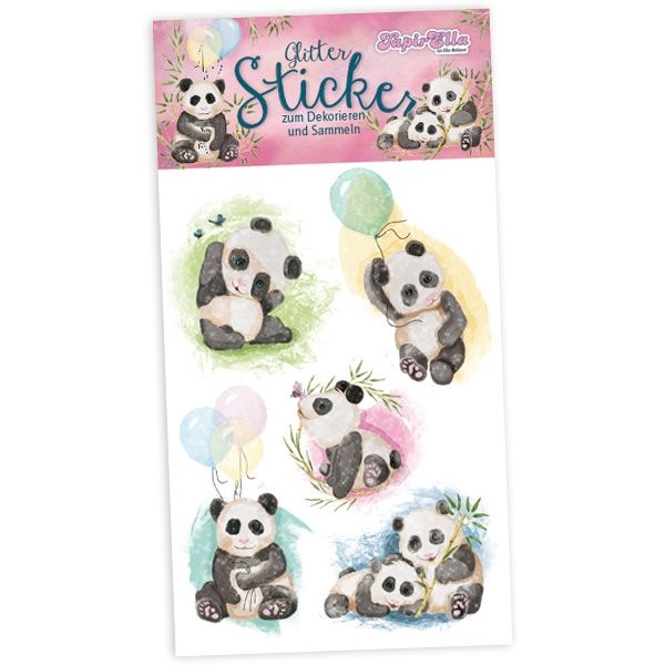 Glitzersticker Panda, 1 Karte, Glitzer-Aufkleber mit süßen Pandabildern