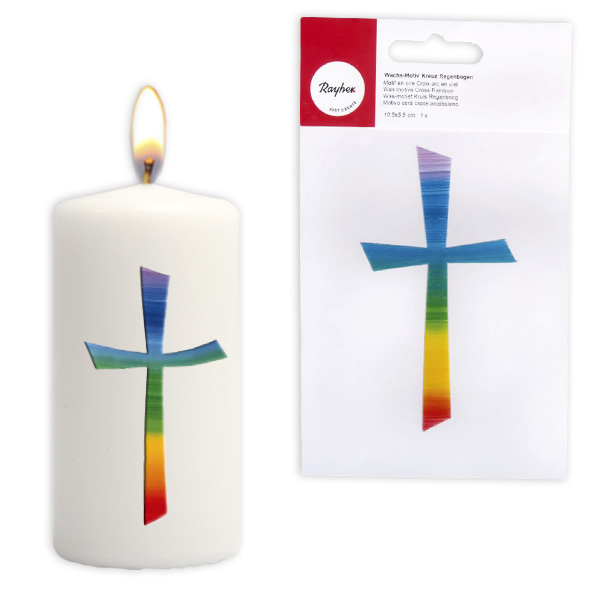 Kreuz aus Wachs, regenbogenfarben, 10,5cm x 5,5cm