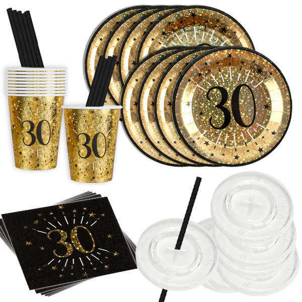 Basicset zum 30. Geburtstag in schwarz-gold glitzernd, 52-teilig für 10 Gäste