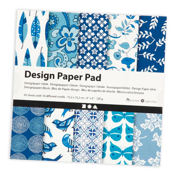 Design-Papier Block, Blautöne, 50 Blatt, 15cm x 15cm, 120g