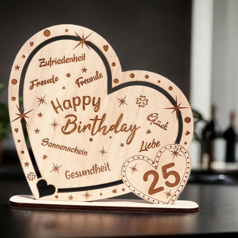 Kunstvoll graviertes Holz-Herz "Happy Birthday" mit Zahl 25, Geschenk & Deko zum Geburtstag