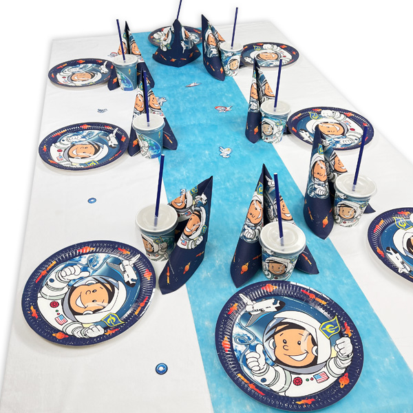 Astronaut Flo Tischdeko Set bis 8 Kinder, Weltall Party, 58-teilig