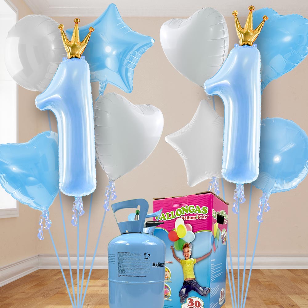 1. Geburtstag Heliumballon Set blau-weiß mit 10 Folienballons inkl. Heliumgas