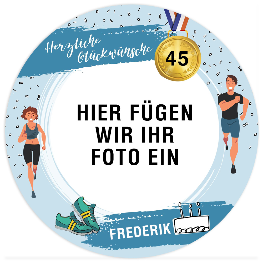 Tortenauflage Foto „Jogging“ Zum Geburtstag Name u. Alter, rund, essbar