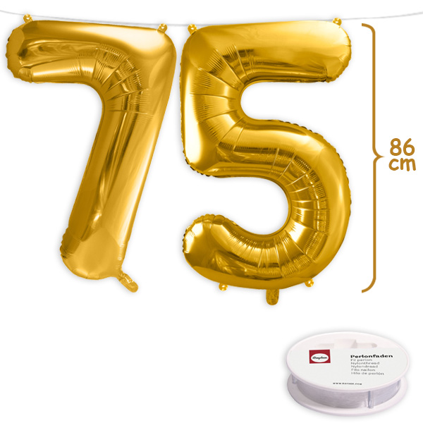 75. Geburtstag, XXL Zahlenballon Set 7 & 5 in gold, 86cm hoch