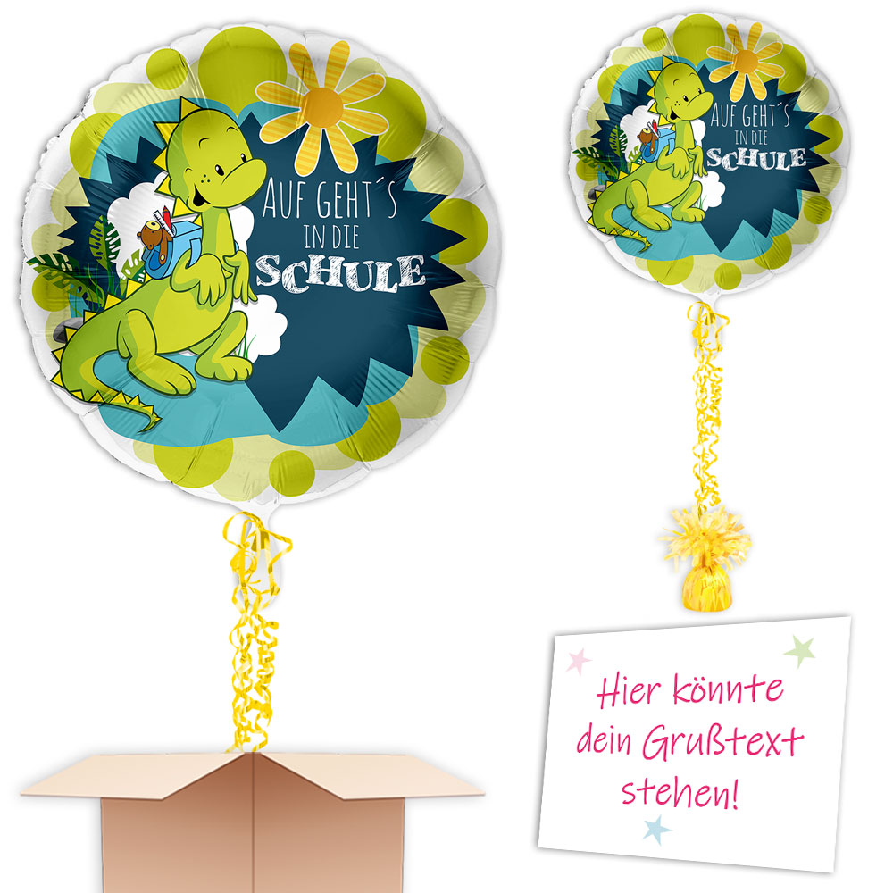 Ballongruß "Auf geht's in die Schule", mit Dinosaurier Ø 34cm