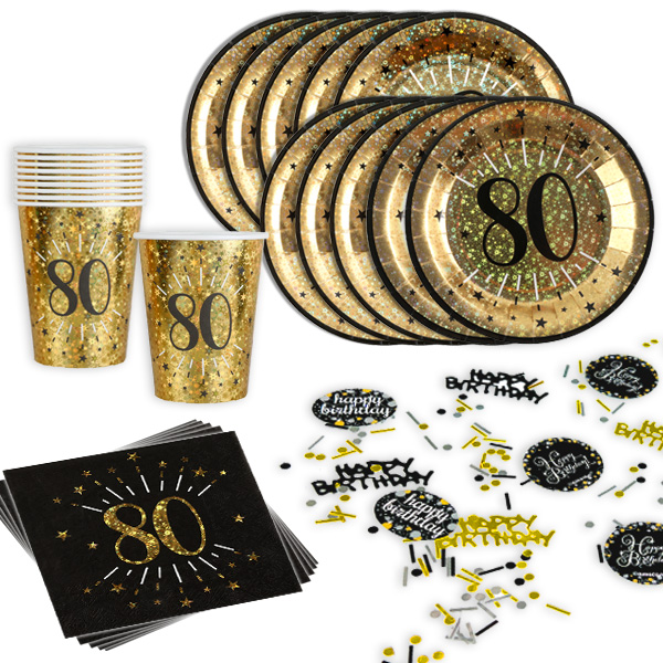 Basicset zum 80. Geburtstag in schwarz-gold glitzernd, 31-teilig für 10 Gäste