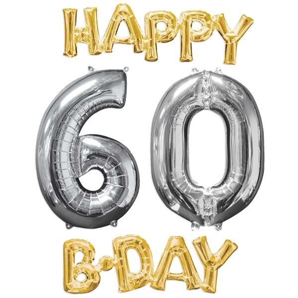 "HAPPY 60 B-DAY XL" Ballonset zum 60. Geburtstag gold-silber