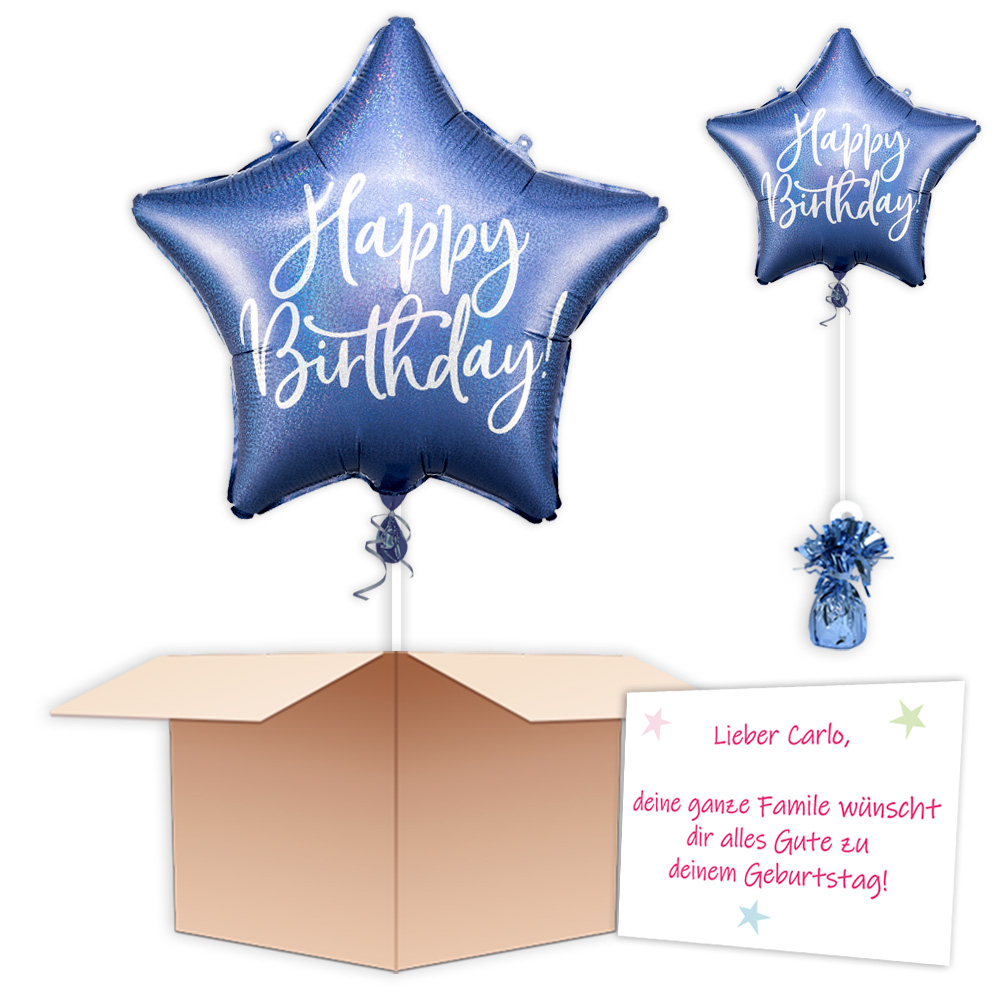 Ballon-Gruß "Happy Birthday Blauer Stern", Folienballon im Karton