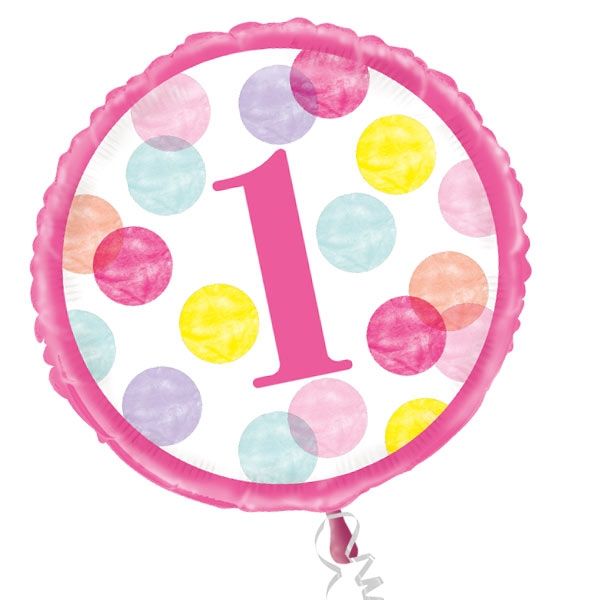 Folieballon rund, Pink Dots, 1. Geburtstag 35cm
