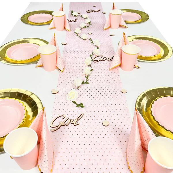 Tischdekoset Baby Girl Rosa-Gold, 12 Gäste, 106-tlg.