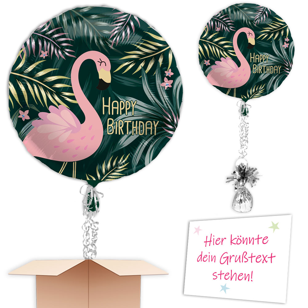 Flamingo Luftballon Happy Birthday schwebt aus der Box – komplett