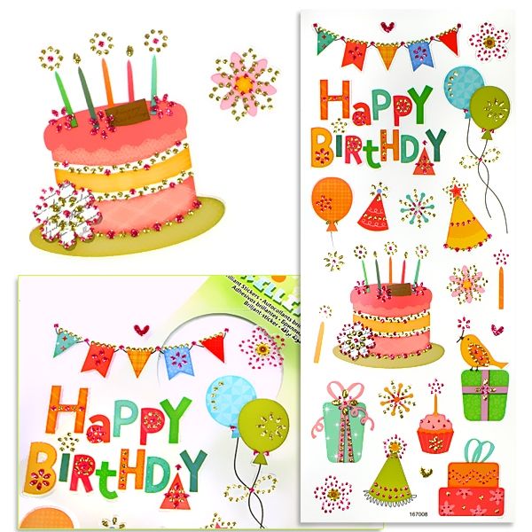 Sticker Brilliant-Party mit Happy Birthday-Motiven, glitzernd, 1 Karte