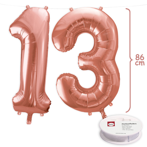 13. Geburtstag, XXL Zahlenballon Set 1 & 3 in roségold, 86cm hoch
