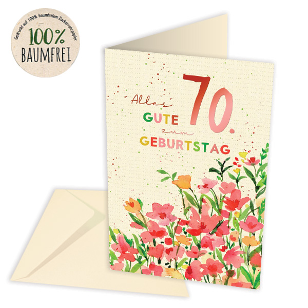 Geburtstagskarte zum 70. Geburtstag aus Zuckerrohrpapier, inkl. Umschlag