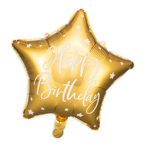 Inkl. Helium, Bänder, Ballongewicht  Goldener Stern mit "Happy Birthday"