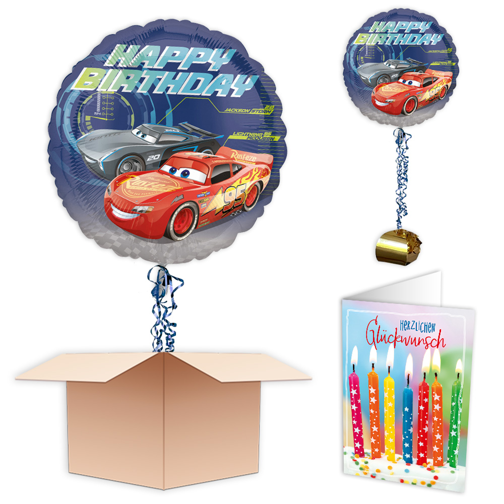 Ballongruß "Happy Birthday Cars", Folienballon im Karton