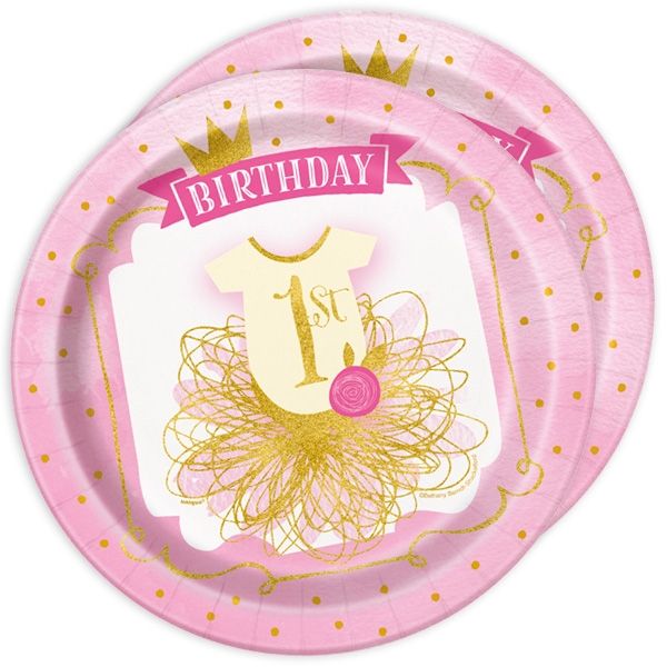 "1st Birthday", Partyteller in pink & gold, 8 Stück, Pappe