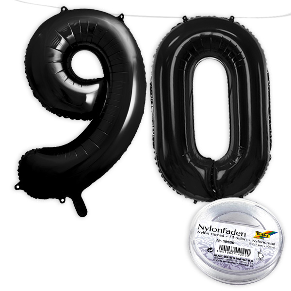 90. Geburtstag, XXL Zahlenballon Set 9 & 0 in schwarz, 86cm hoch