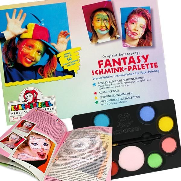 Fantasy-Schminkpalette, mit 8 Farben, Schminkpinsel, Make Up Schwamm, ausführl.Anleitung