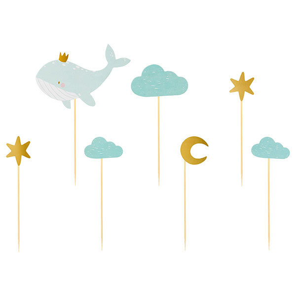 Dekopicker Wal, Sterne, Wölkchen, Mond in hellblau und gold, 7 Stück