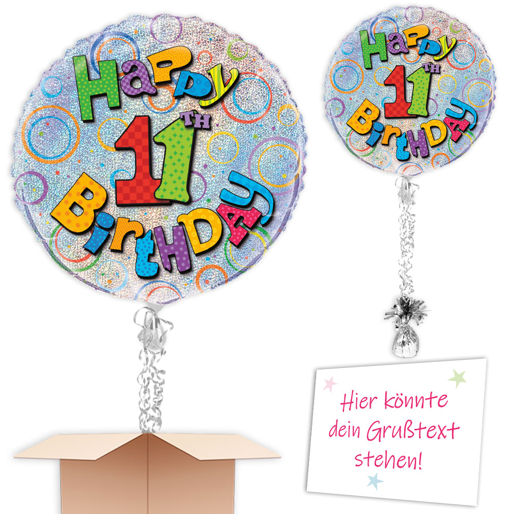 Komplet mit Helium - Happy 11th Birthday Geschenkballon, prismatisch 