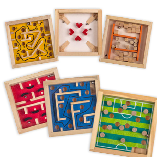 Holz-Geschicklichkeitsspiel, Labyrinth, ca. 9 x 9 cm, 6-fach sortiert