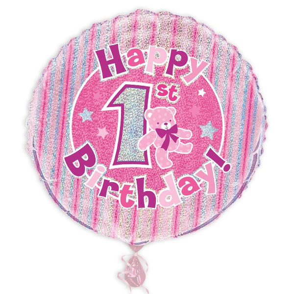 Folienballon "Happy 1st Birthday", pink prismatisch glitzernd, Ø 35cm