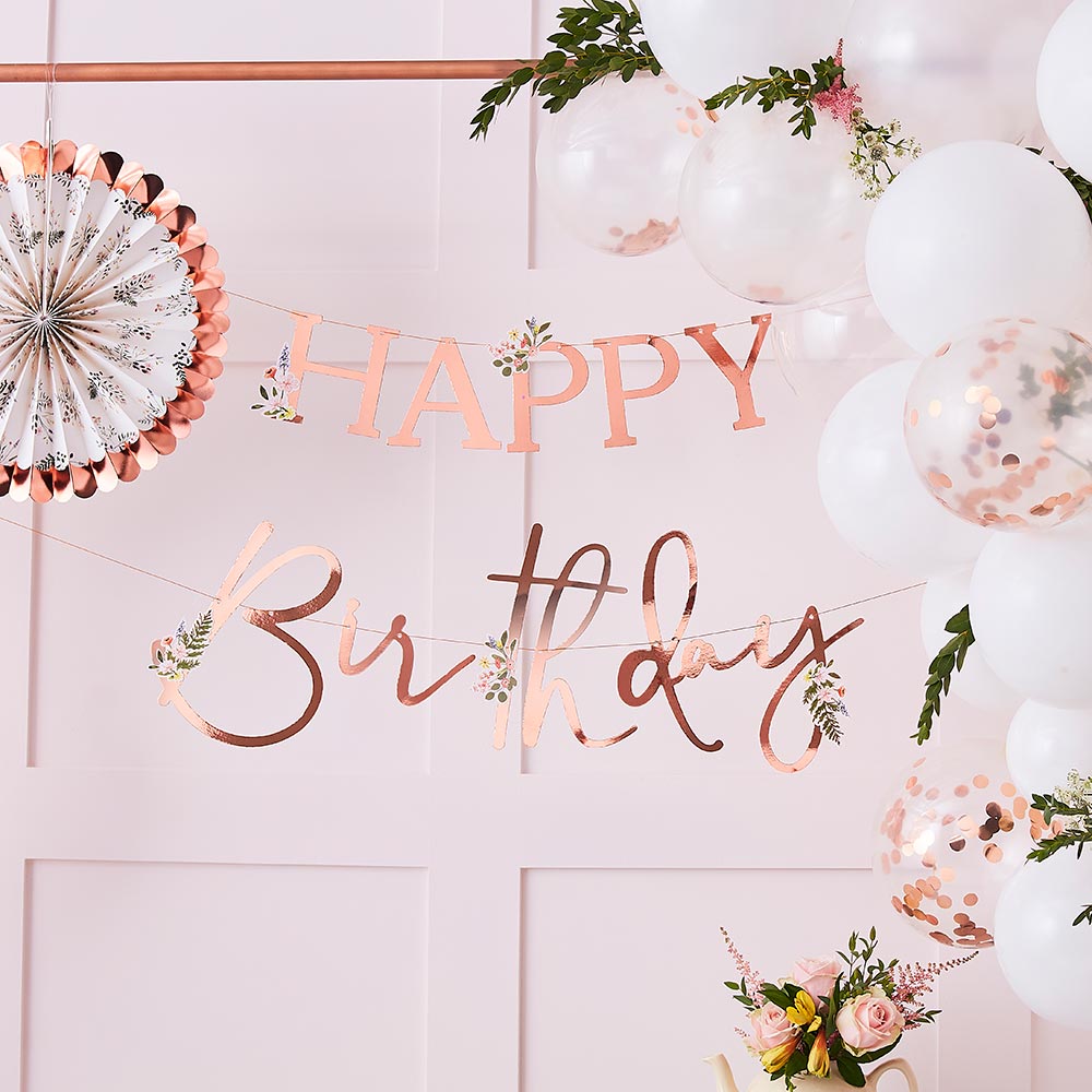 Buchstabenkette "Happy Birthday" in glänzendem rosegold, Pappe