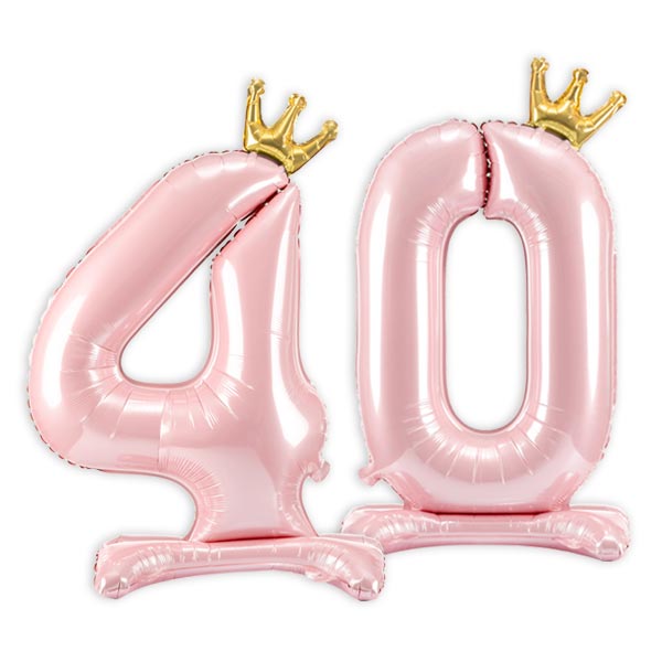 Stehende Ballons, Zahl 40 mit Krönchen, rosa, 84cm hoch