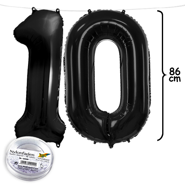 10. Geburtstag, XXL Zahlenballon Set 1 & 0 in schwarz, 86cm hoch