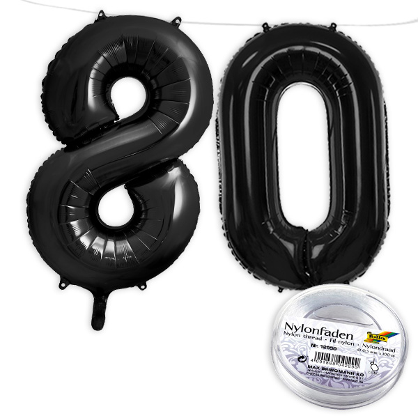 80. Geburtstag, XXL Zahlenballon Set 8 & 0 in schwarz, 86cm hoch
