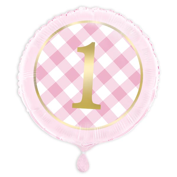 Pink Gingham 1st Birthday Round Foil Balloon 18in, Packaged
