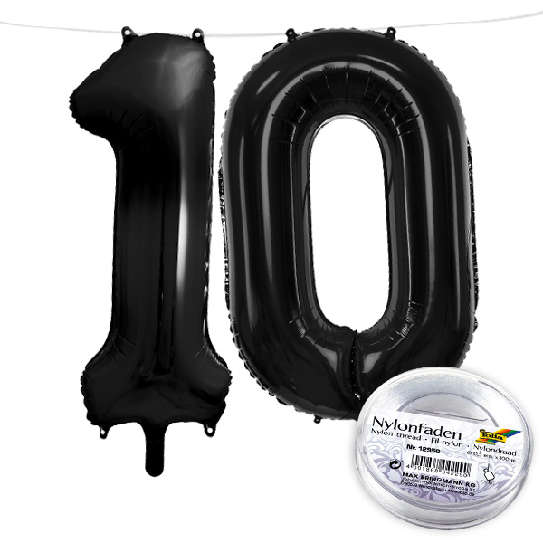 10. Geburtstag, XXL Zahlenballon Set 1 & 0 in schwarz, 86cm hoch