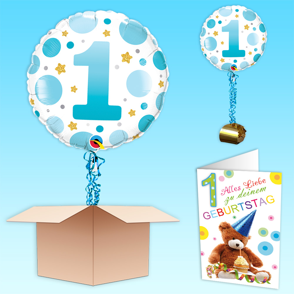 Ballongruß "Zahl 1" in Blau, Folienballon im Karton