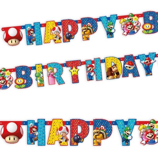 Super Mario Buchstabenkette, Happy Birthday in buntem Design, 1,9m