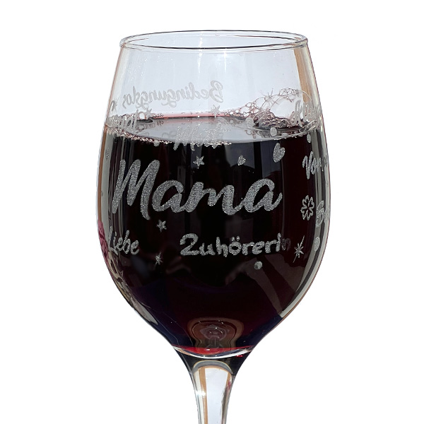 Wein-Geschenkset "Mama": graviertes Weinglas, Rotwein & Kerze