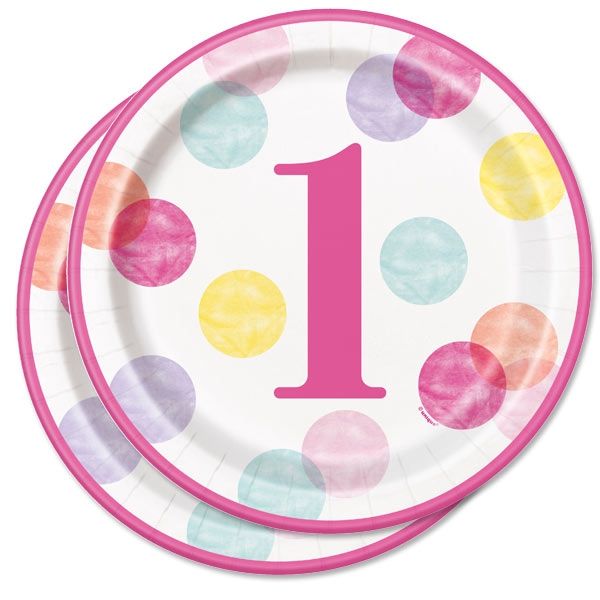 PINK DOTS Partyteller, 1. Geburtstag, 8er, 22cm