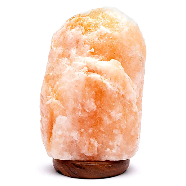 Salzkristall-Lampe mit Akazienholzsockel und Steckerkabel