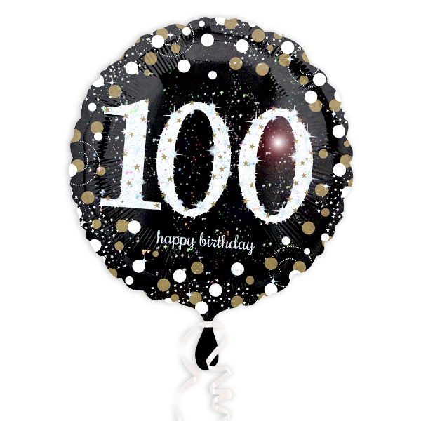 Ballongruß, Zahl 100, schwarz glitzernd, Ø 35cm