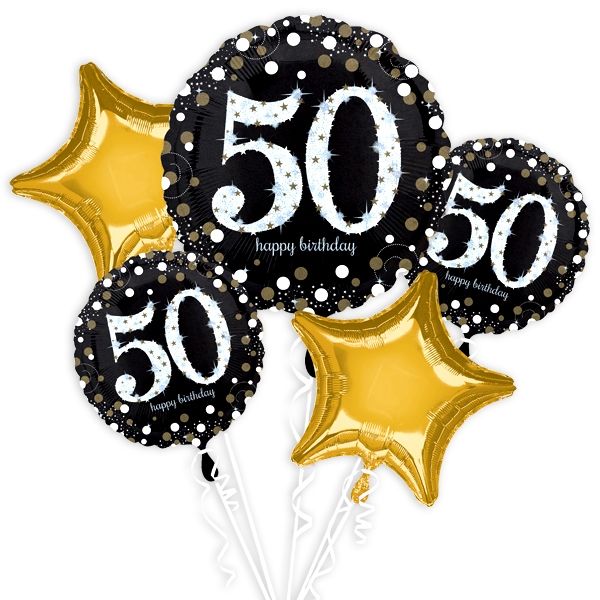 Folienballon-Set 50. Happy Birthday, gold/schwarz 5 Stk, verpackt